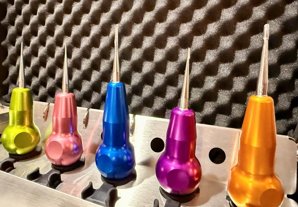A set of dental luxators and elevators with interchangeable blades. 