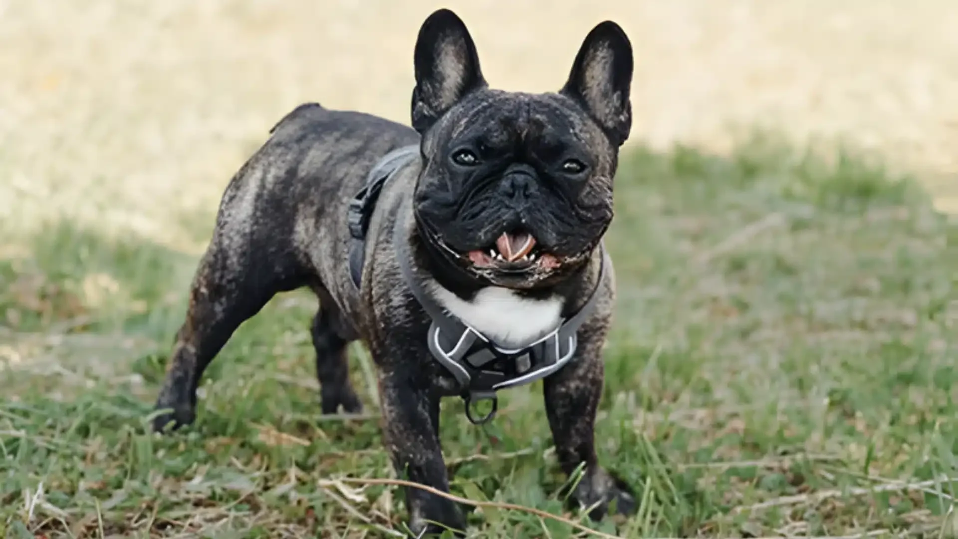 Tiger Brindle French Bulldog on grass.