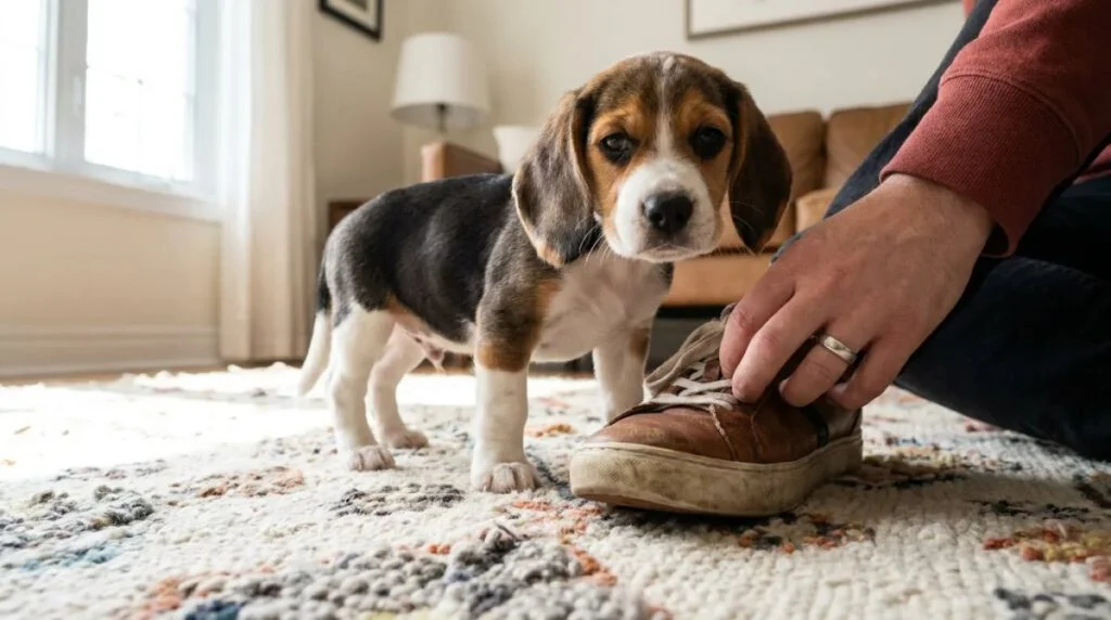 A Beagle puppy stands beside its owner’s shoe