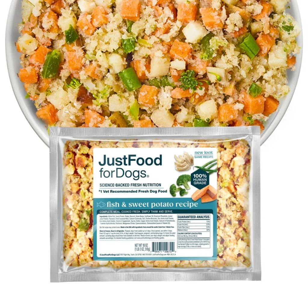 JustFoodForDogs Fish and Sweet Potato recipe pouch along with a bowl of the prepared meal