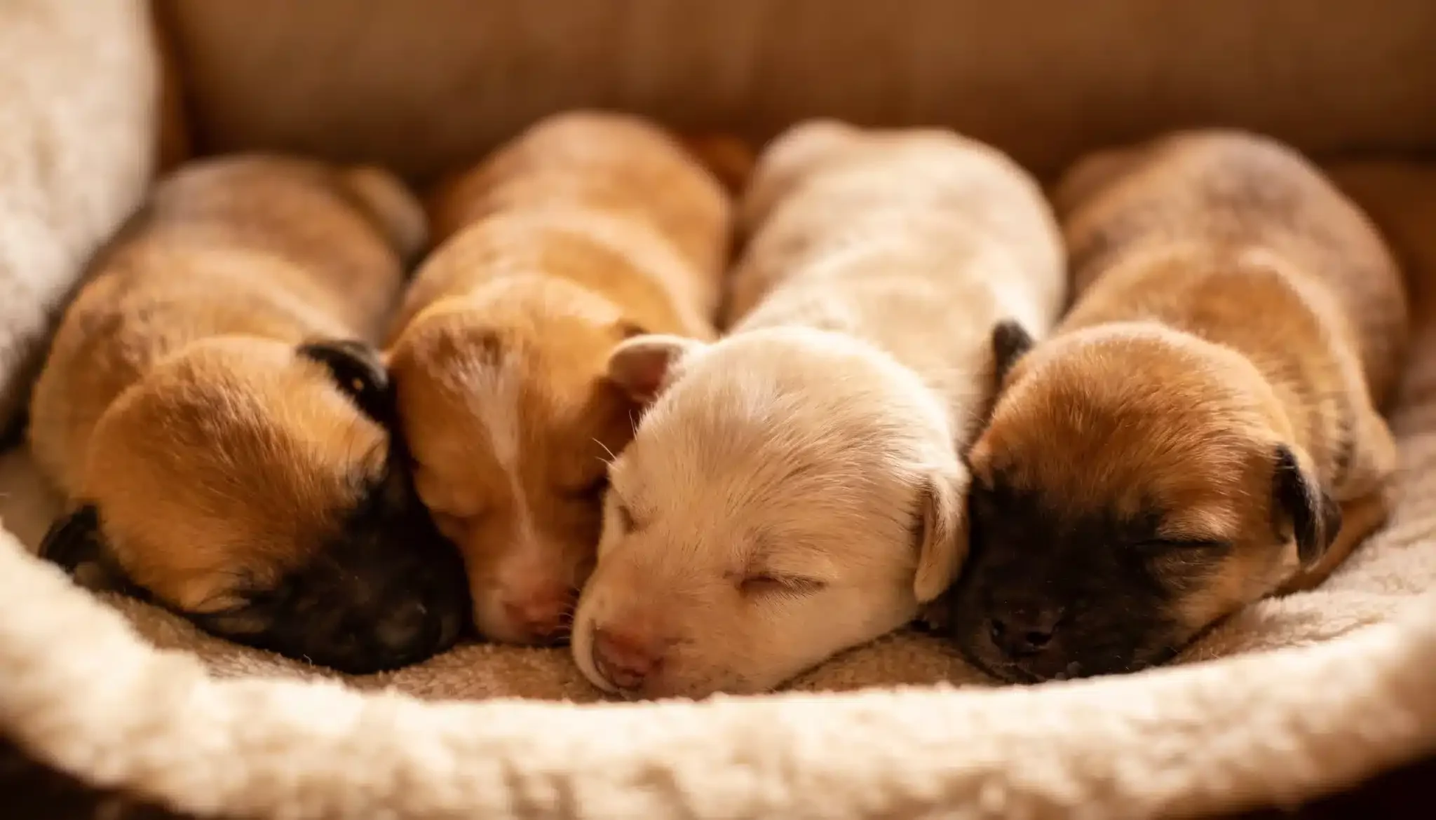 Four newborn puppies mostly tan and brown cuddled together