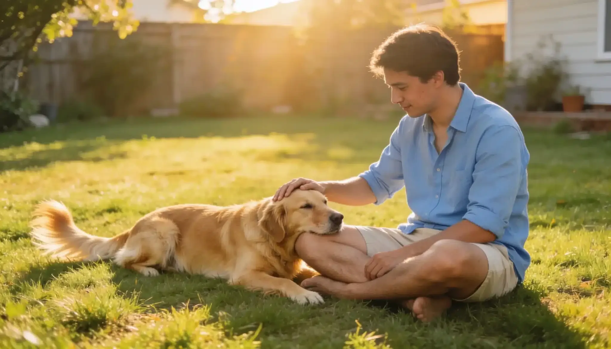 A man calmly grooming a Golden Retriever in a sunny setting